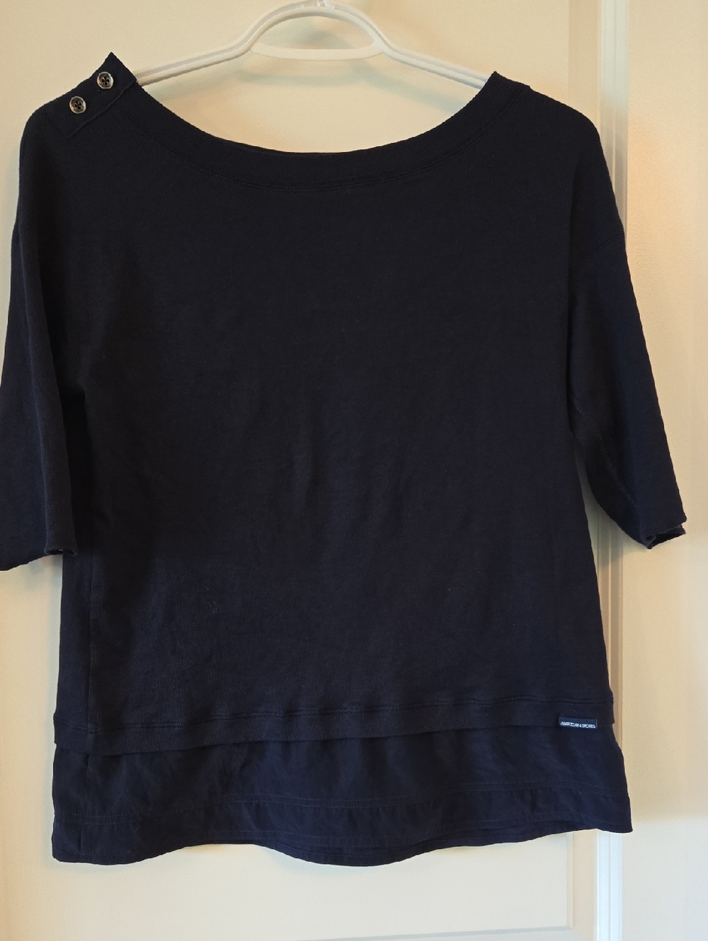 Navy Short-Sleeve Boatneck Top with Shoulder Button Detail